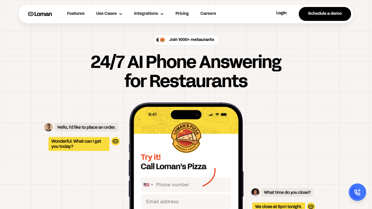 Loman AI restaurant phone automation platform interface showing call management and order processing features