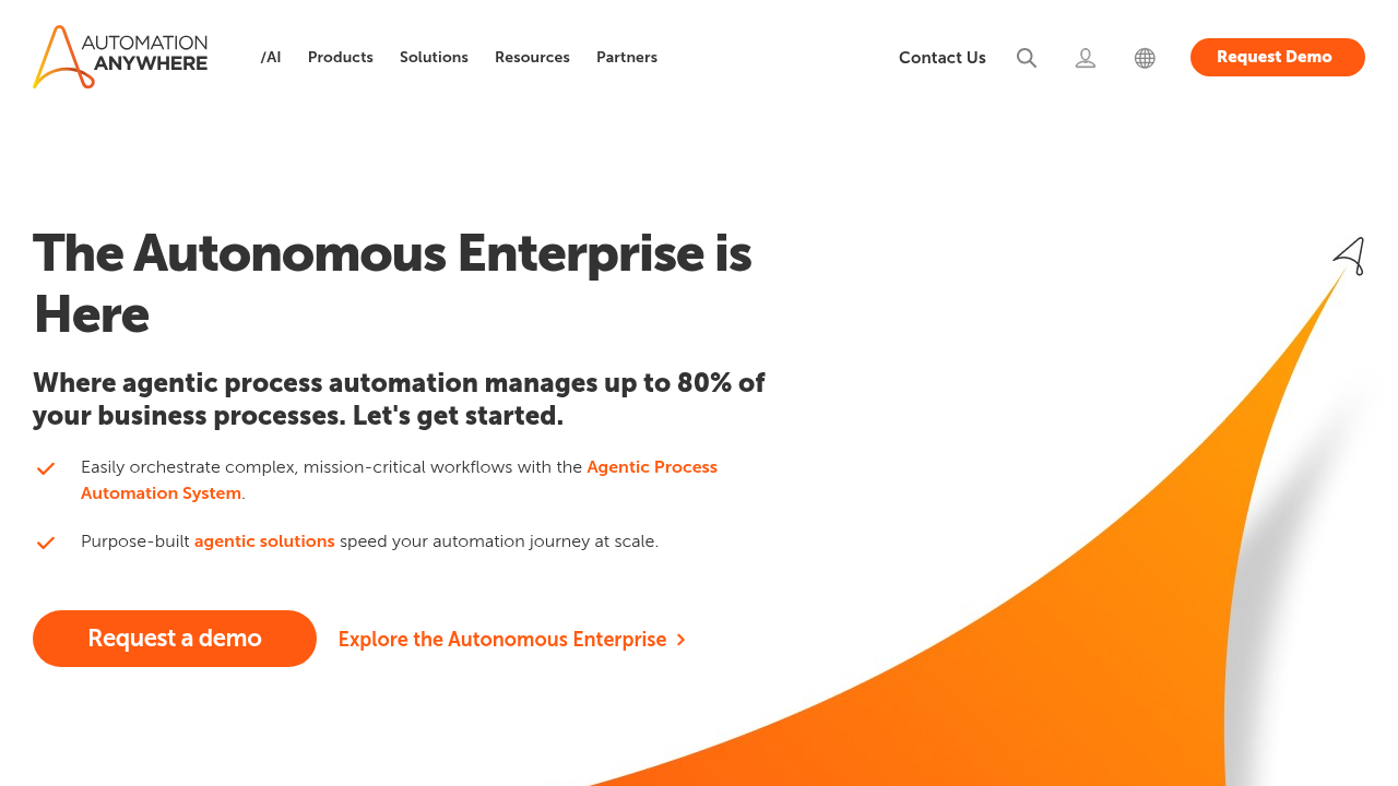 Automation Anywhere cloud-native intelligent automation platform homepage featuring Bot Marketplace and AI tools