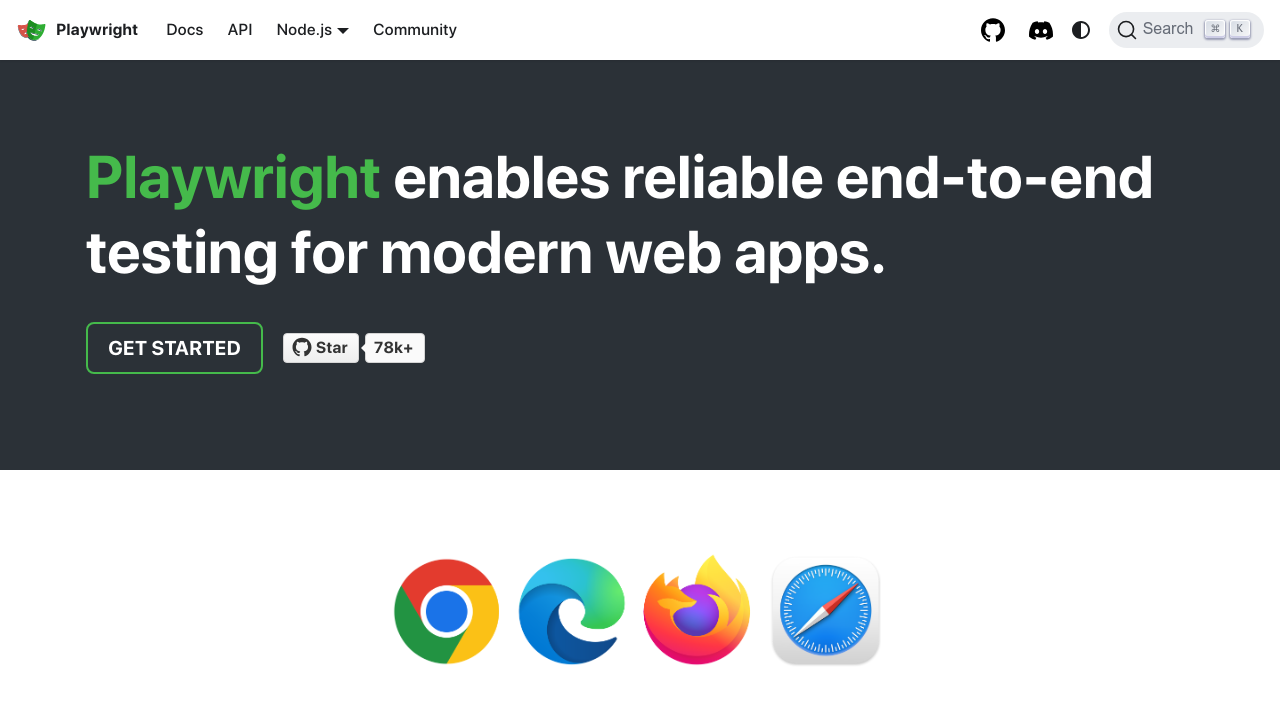 Playwright web automation framework homepage showing modern browser automation capabilities and developer documentation