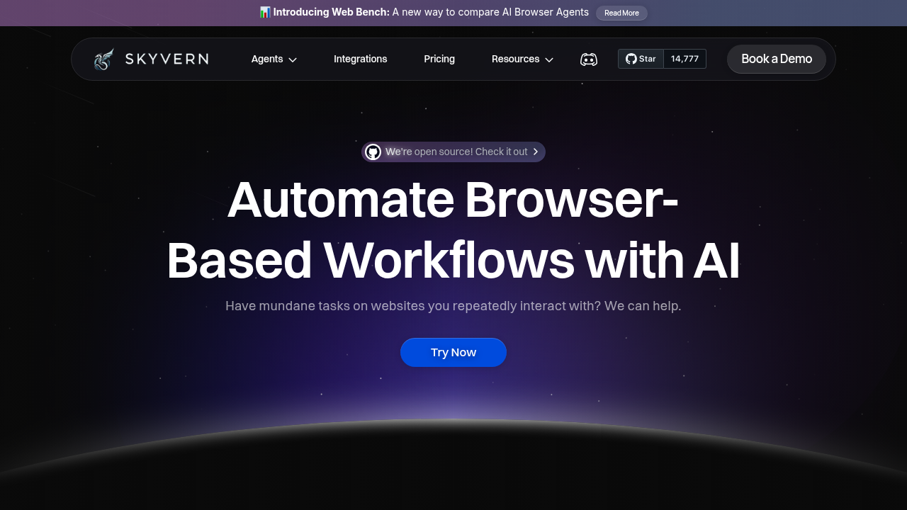 Skyvern homepage showcasing AI-powered browser automation platform with computer vision and LLM integration capabilities