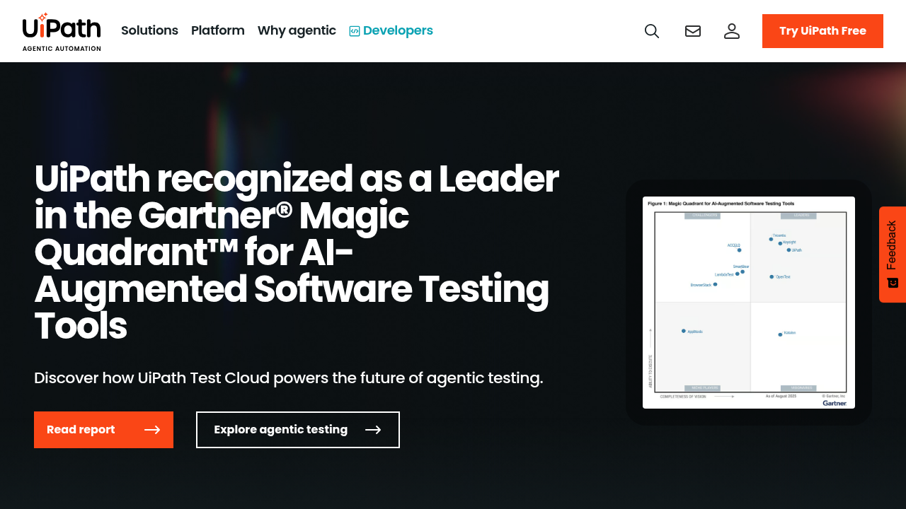 UiPath intelligent automation platform homepage showing RPA and AI-powered workflow orchestration features