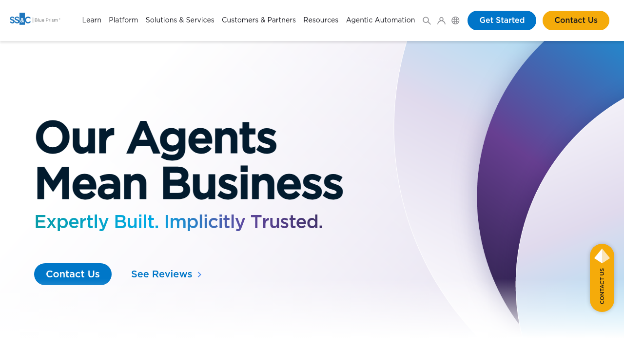 Blue Prism enterprise intelligent automation platform homepage highlighting governance and security controls